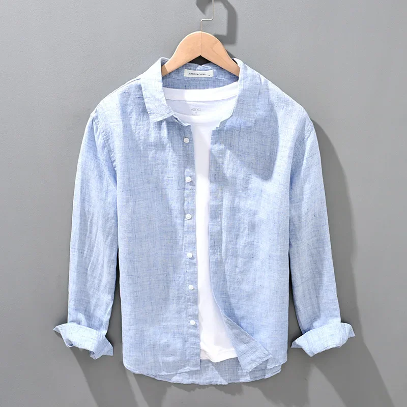 

Japanese Retro Yarn-dyed Pure Linen Shirts Men Spring Summer Beach Long Sleeve Top Lapel Button Shirt Breathable Casual Shirts