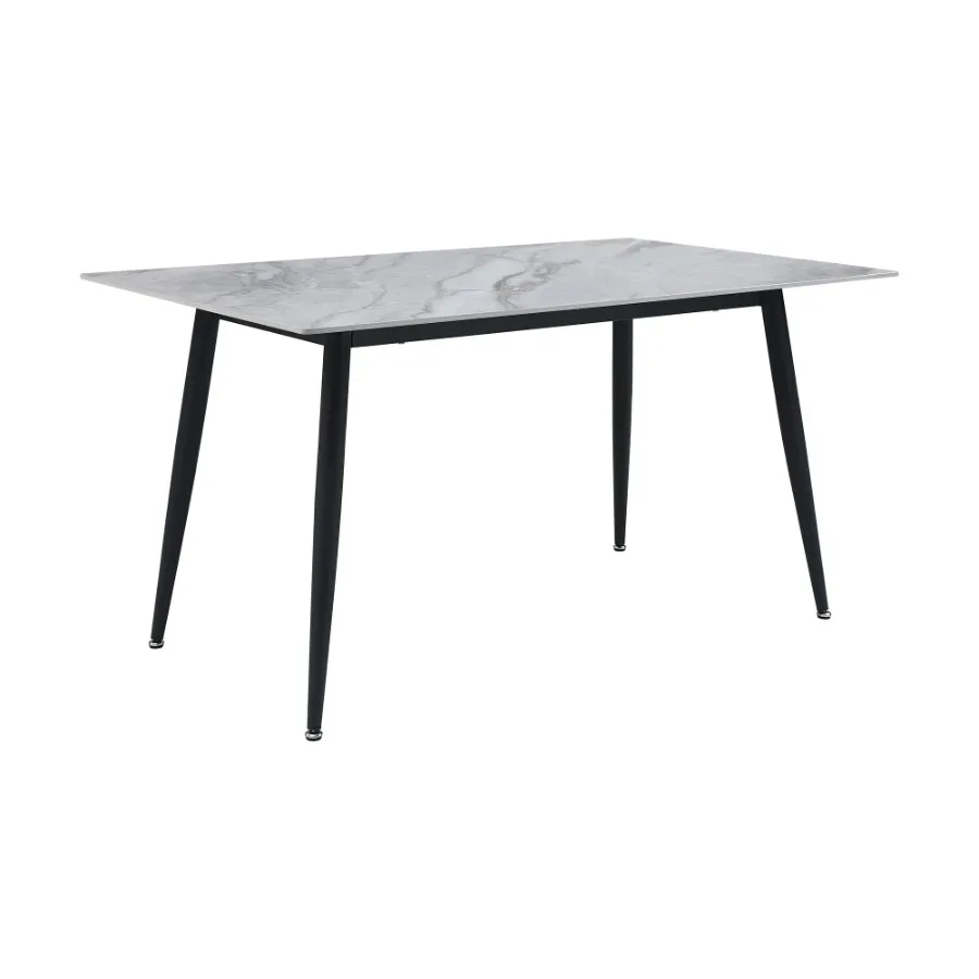 Strak design 7-delige eettafel en grijze fluwelen stoelen Eigentijds meubilair met gesinterd stenen blad en metalen frame