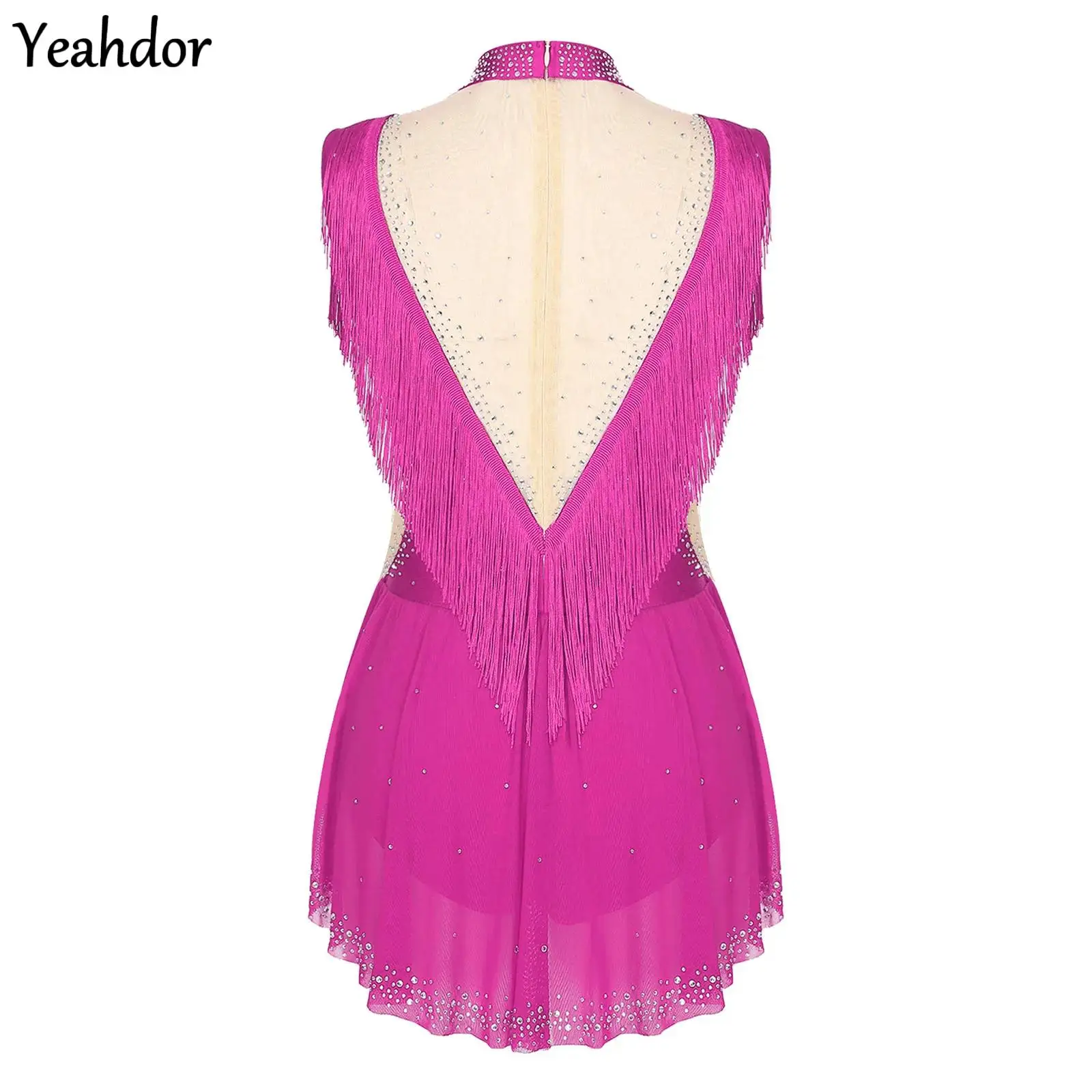 

Girls Gymnastics Ballet Jersey Figure Ice Skating Dance Leotard Costume Sleeveless Rhinestones Tassel Skirted Bodysuit Dancewear