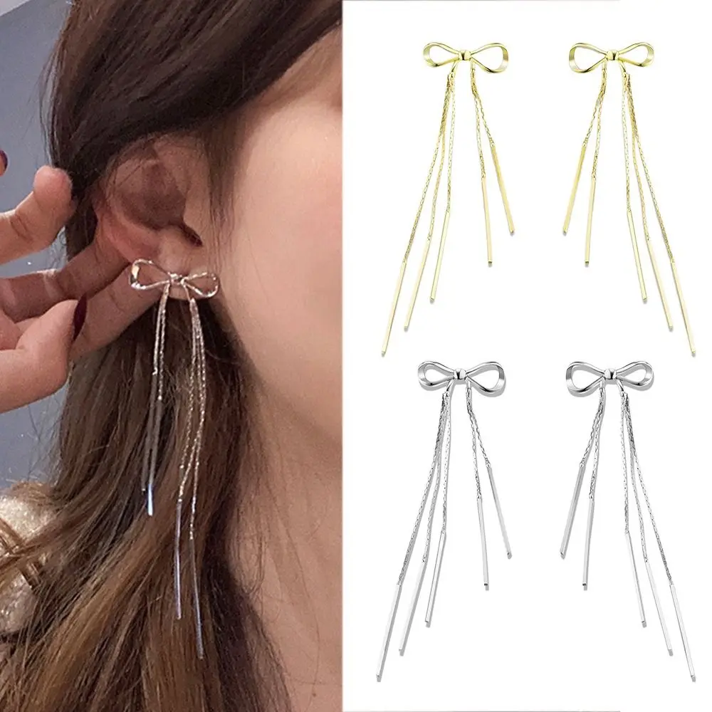 Elegant Bow Knots Cluster Earrings Tassel Silver Needles Hook Earrings Drop Earrings Women Girl