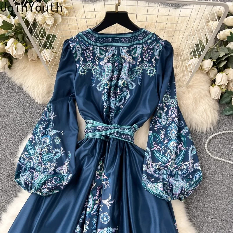 ชุดสตรีวินเทจปาร์ตี้โคมไฟแขนเสื้อ Slim เอวพิมพ์ยาว Robe Femme 2024 Vestidos De Mujer Big Swing Maxi ชุด