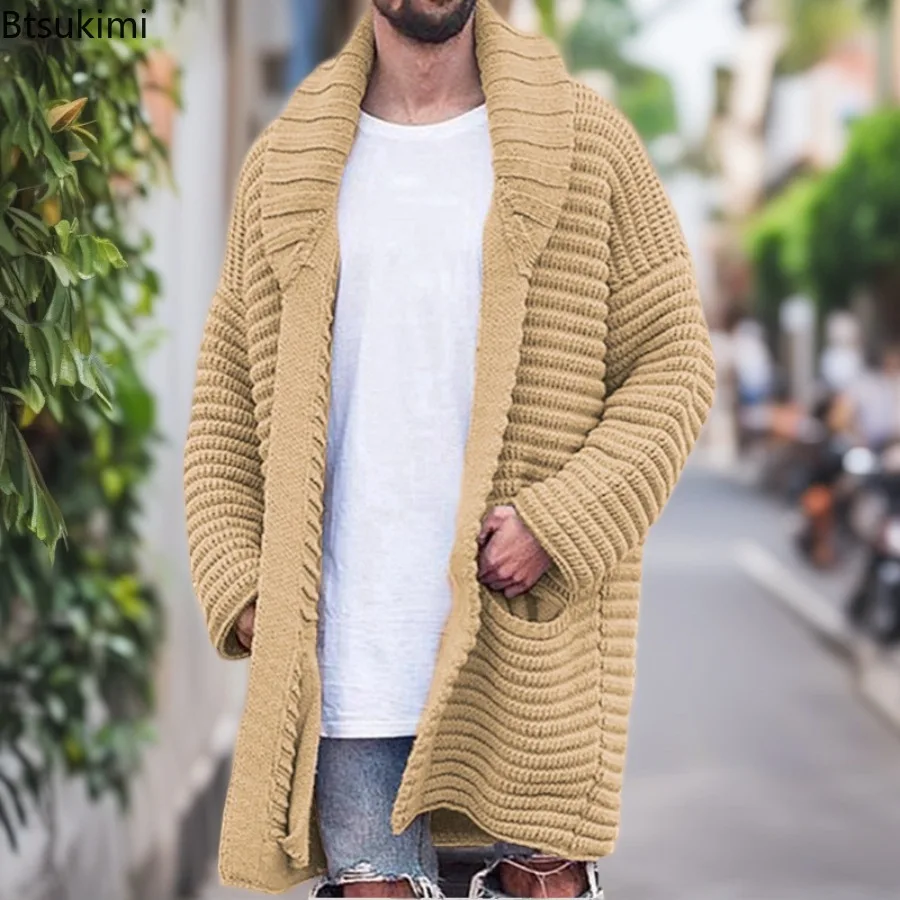 2025 Autumn Winter New Men's Solid Knitted Cardigans Sweater Coats Middle Length Casual Pockets Sweater Jackets Male Streetwear