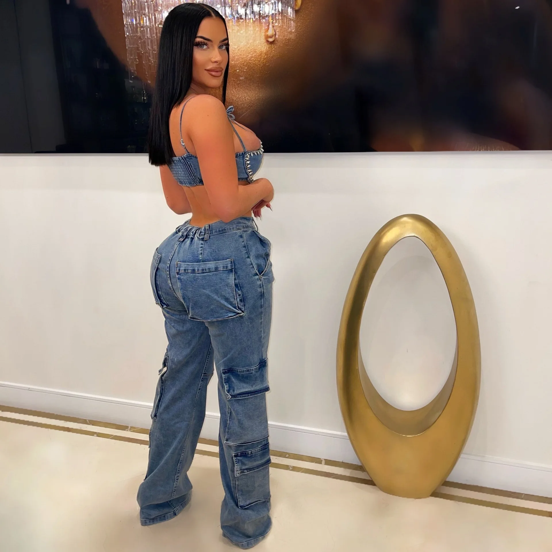 DUTRIEUX  Straight Jeans with Pockets High Waist Denim Pants Streetwear Casual Matching Trousers Summer Women Clothes Bottoms