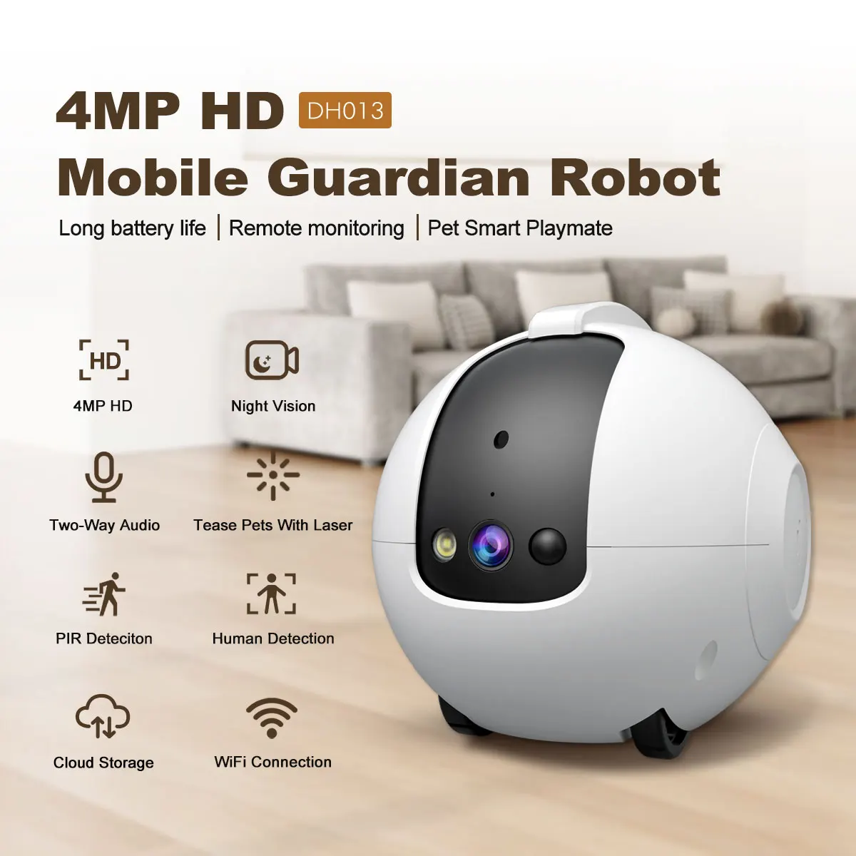 Mobile Intelligent Robot Camera 4MP Indoor Cam Battery-Operated Wireless Pet/Elderly/Baby APP Control Home Care Security Camera