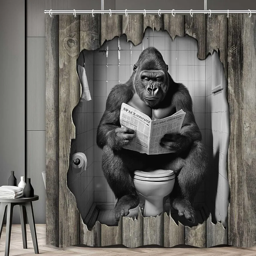 

Забавная занавеска для душаGorilla, сидящая на туалете, чтение газет, ритковая занавеска для ванны с животным принтом, водонепроницаемые занавески для душа для M