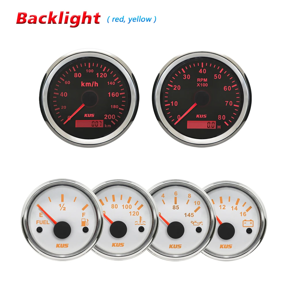 KUS Waterproof 85mm GPS Speedometer Tachometer 52mm Water Temp Oil Pressure Fuel Level Meter Voltmeter with Red Yellow Backlight