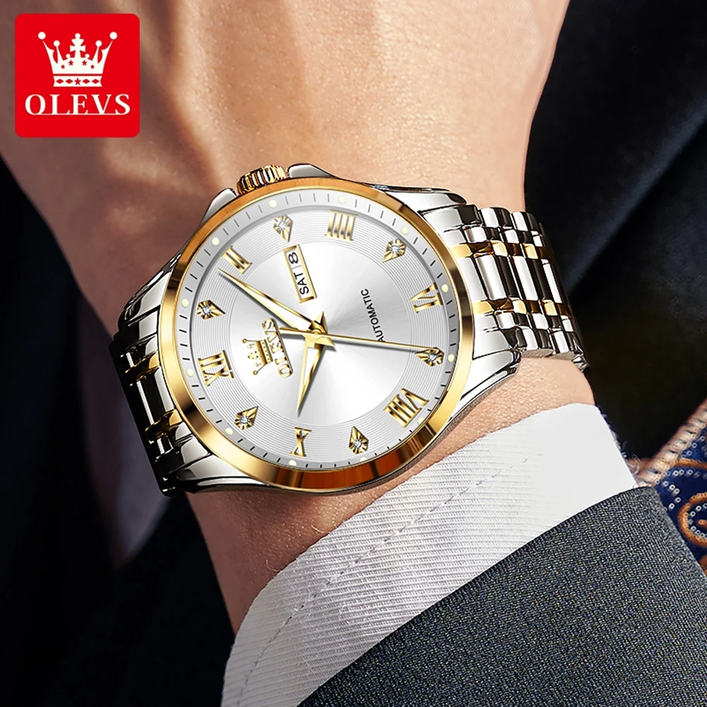 OLEVS 6702 남성용 시계 럭셔리 오리지널 브랜드 스테인리스 스틸 자동 기계식 시계 주간 날짜 표시 남성용 시계 박스 선물 포함