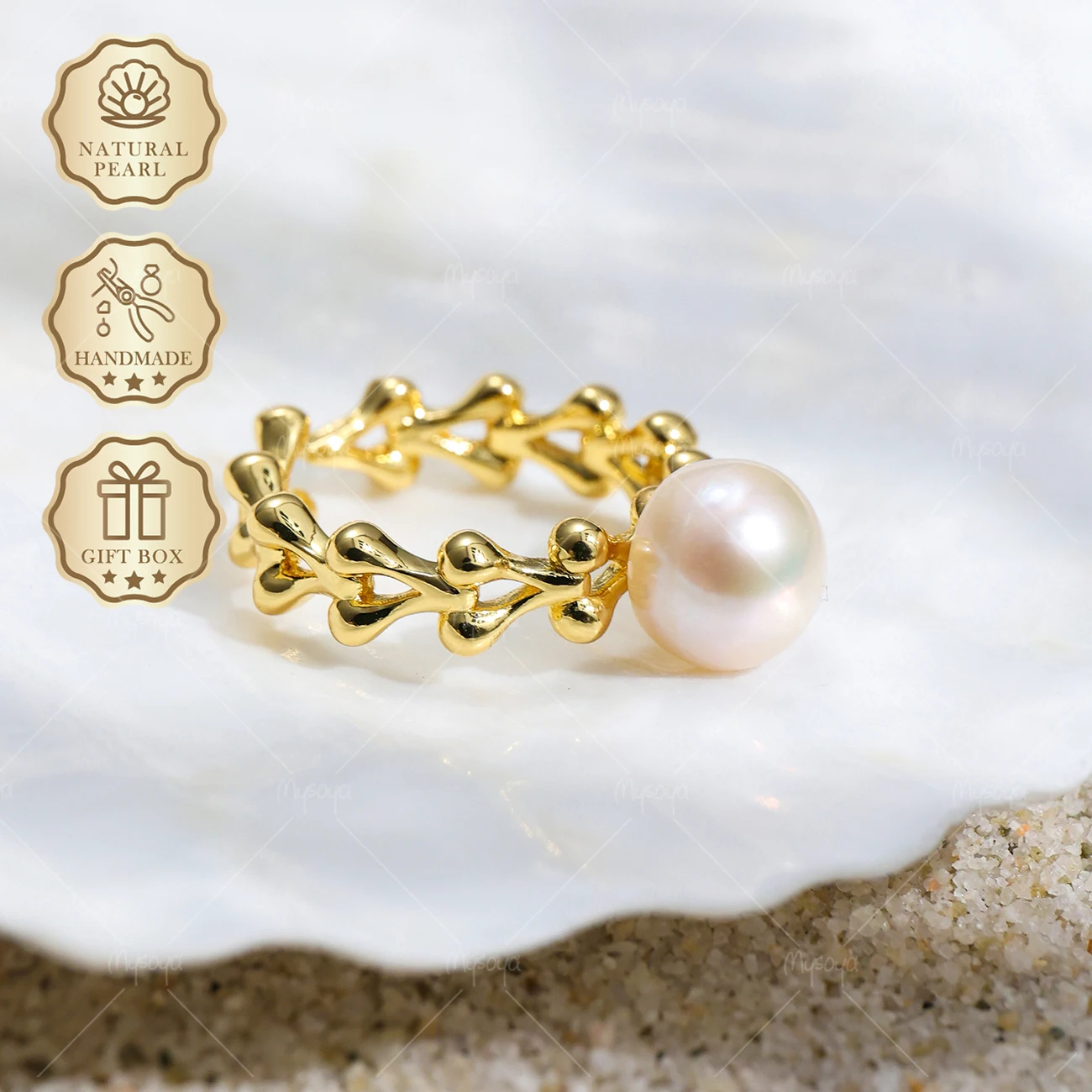 MYSOYA 8-9mm White Freshwater Pearl Open Ring Gold Ring, Gift Box, Birthday & Mother's Day Jewelry S366
