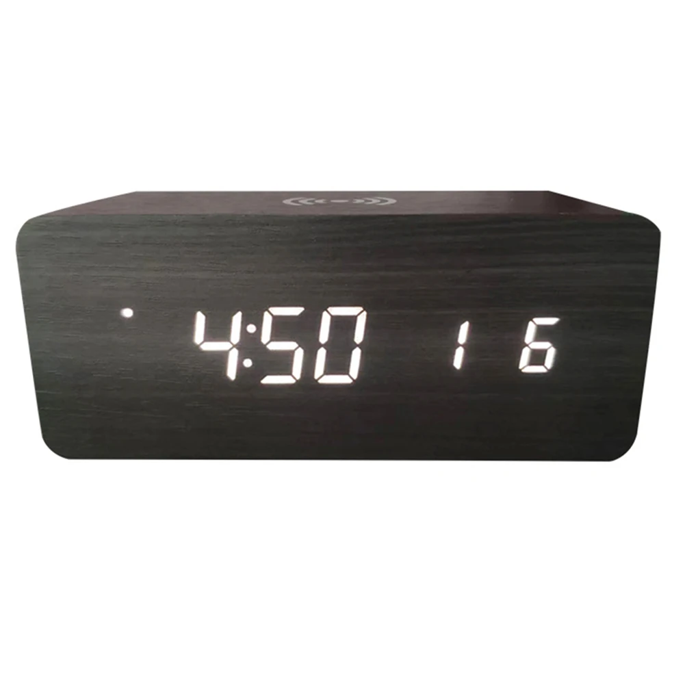 Bedside Living Room Wooden Alarm Clock Wooden Digital Alarm Clock Wireless Charging Bedside Clock Wireless Charging Wooden Case