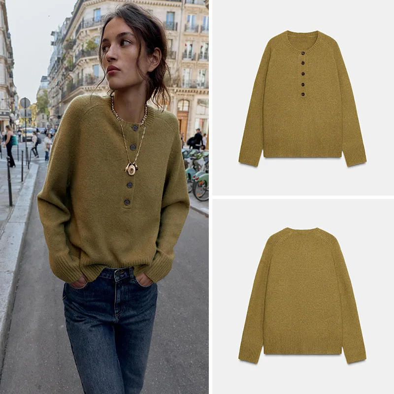 

Soft Long Sve round Ne Knitted Sweater with Buttons New Arrival Autumn Women's Casual Sle Comfortable Knitwear for Girls