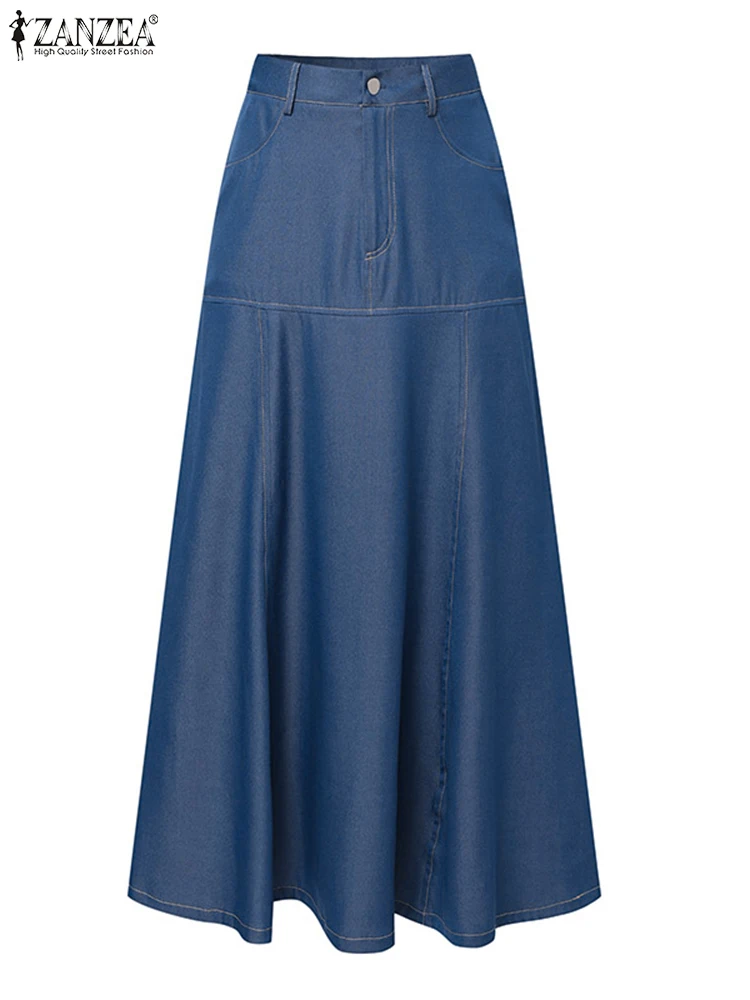 Casual Patchwork A-Lijn Maxi Rok Zanzea Vrouwen Denim Lange Rok 2024 Zomer Mode Hoge Taille Jupe Elegante Wrap Lange Faldas