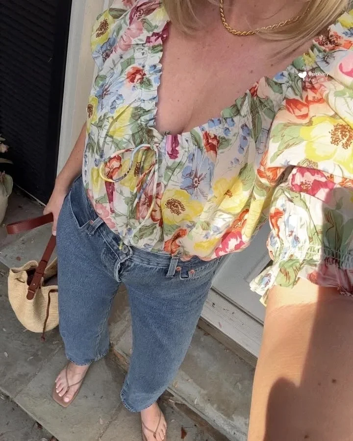 

2025 New Women Colorful Flower Print Shirt Puff Sleeve Round Neck Casual Fashion Cotton Blouse Top