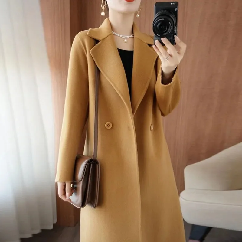 2025 Women Lapel Woolen Long Coat Fashion Long Sleeve Double Button Jacket Autumn Winter Office Lady Elegant Warm Wool Overcoat
