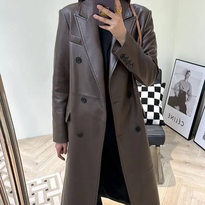 2023 Genuine Leather Coat Autumn and Winter New Sheepskin Suit Collar Front Shoulder Double Breasted Long Slim Trench Coat for w