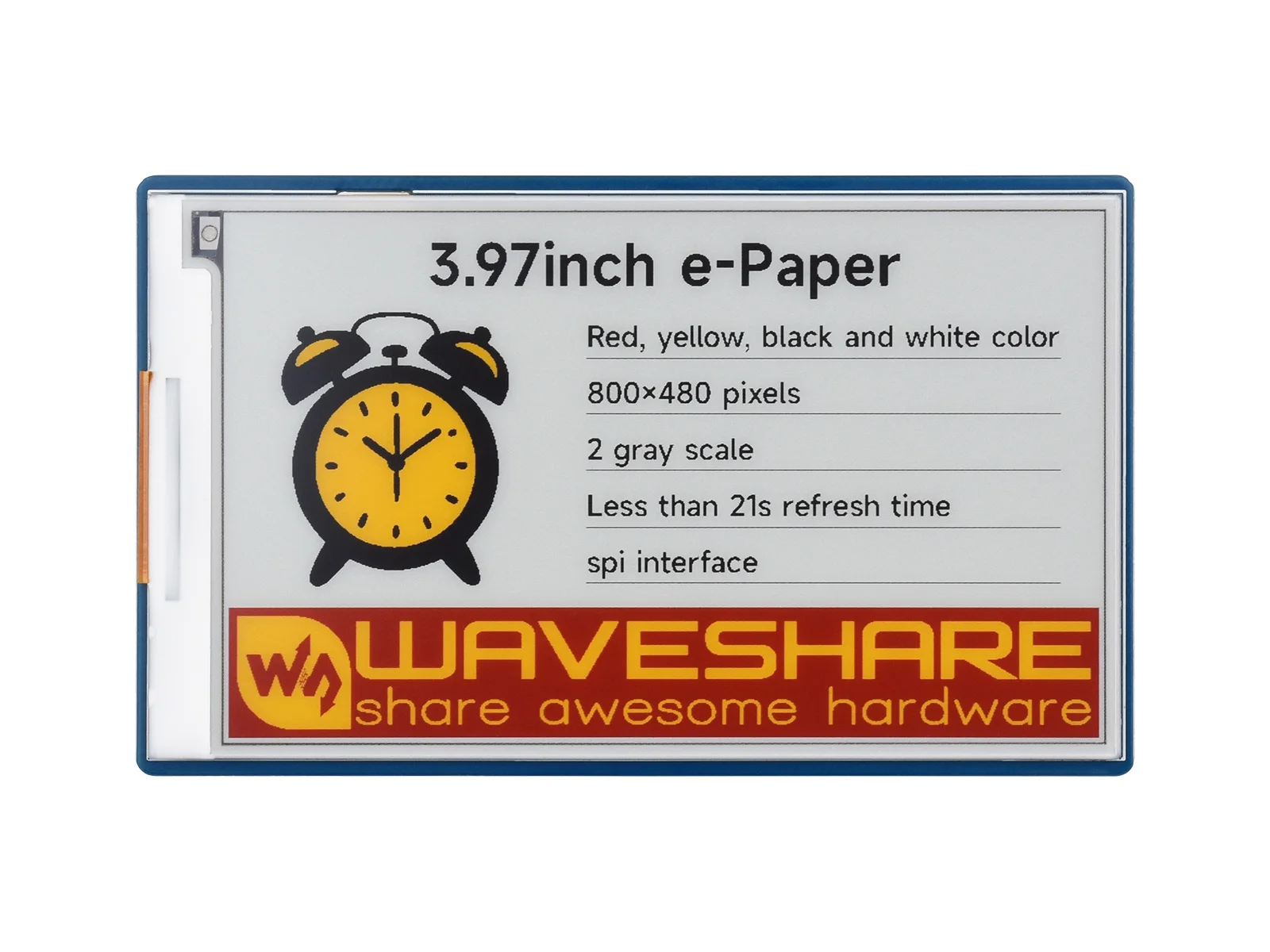 

3.97inch E-Paper Display (G), E-Ink Display, 800 × 480 Pixels, Red/Yellow/Black/White, SPI Interface, Paper-Like Effect