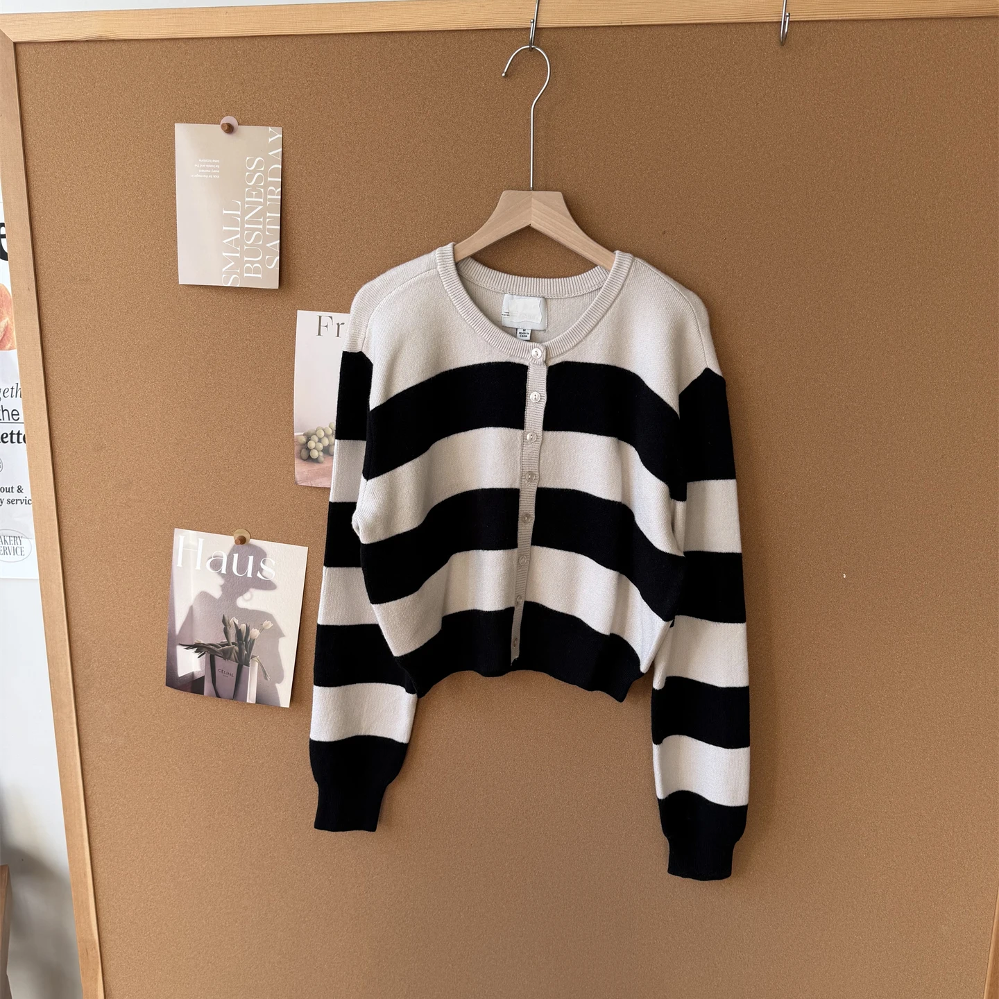 Cárdigan Corto de Punto con Cuello a Rayas Clásico, Estilo Japonés, Cálido y E, Estilo Casual para el Trabajo, Manga L...