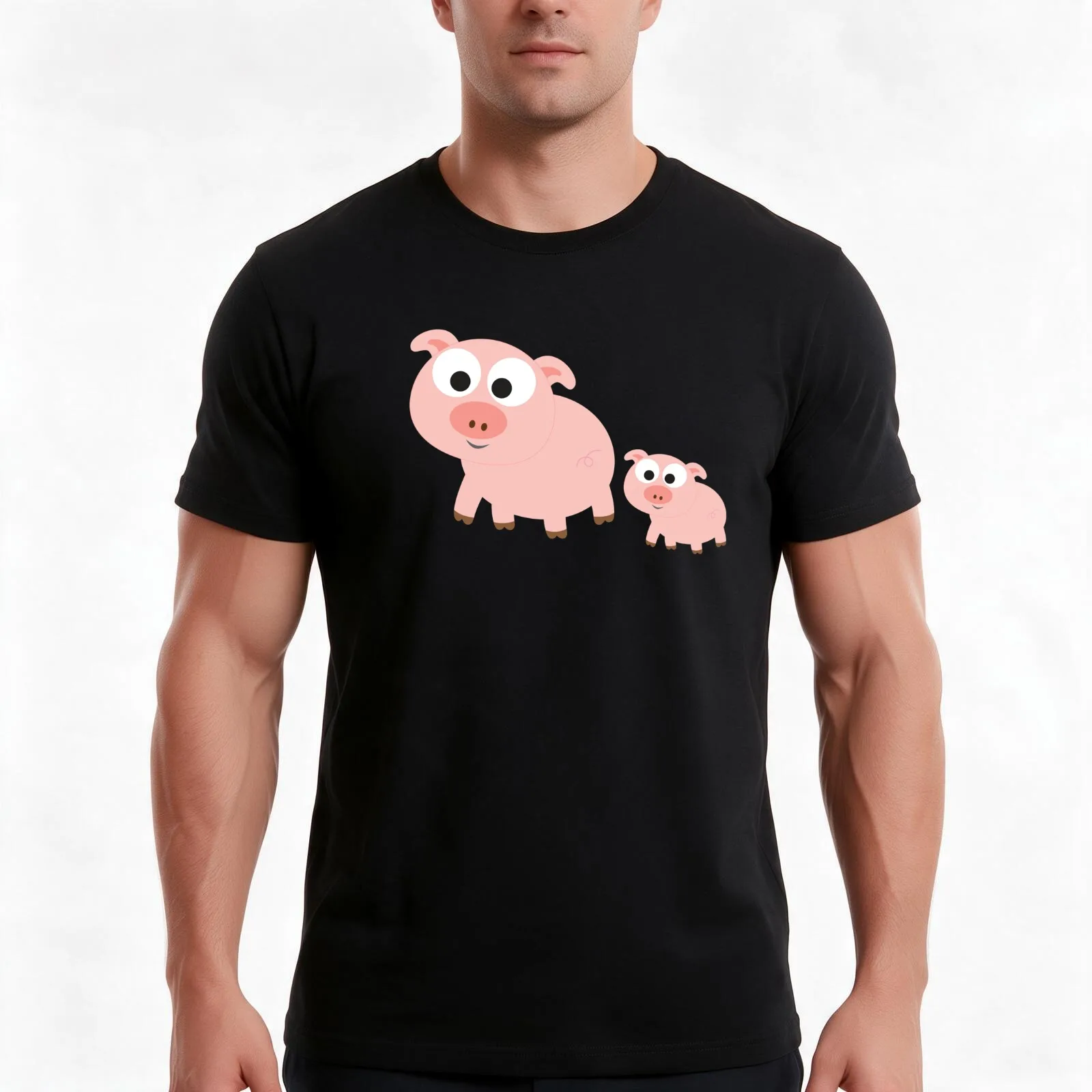 Cute pig and piglet T-Shirt, Summer Casual Cotton Tee, Oversized Streetwear Tops, Vintage Graphic Print, Loose Fit Short Sleeve