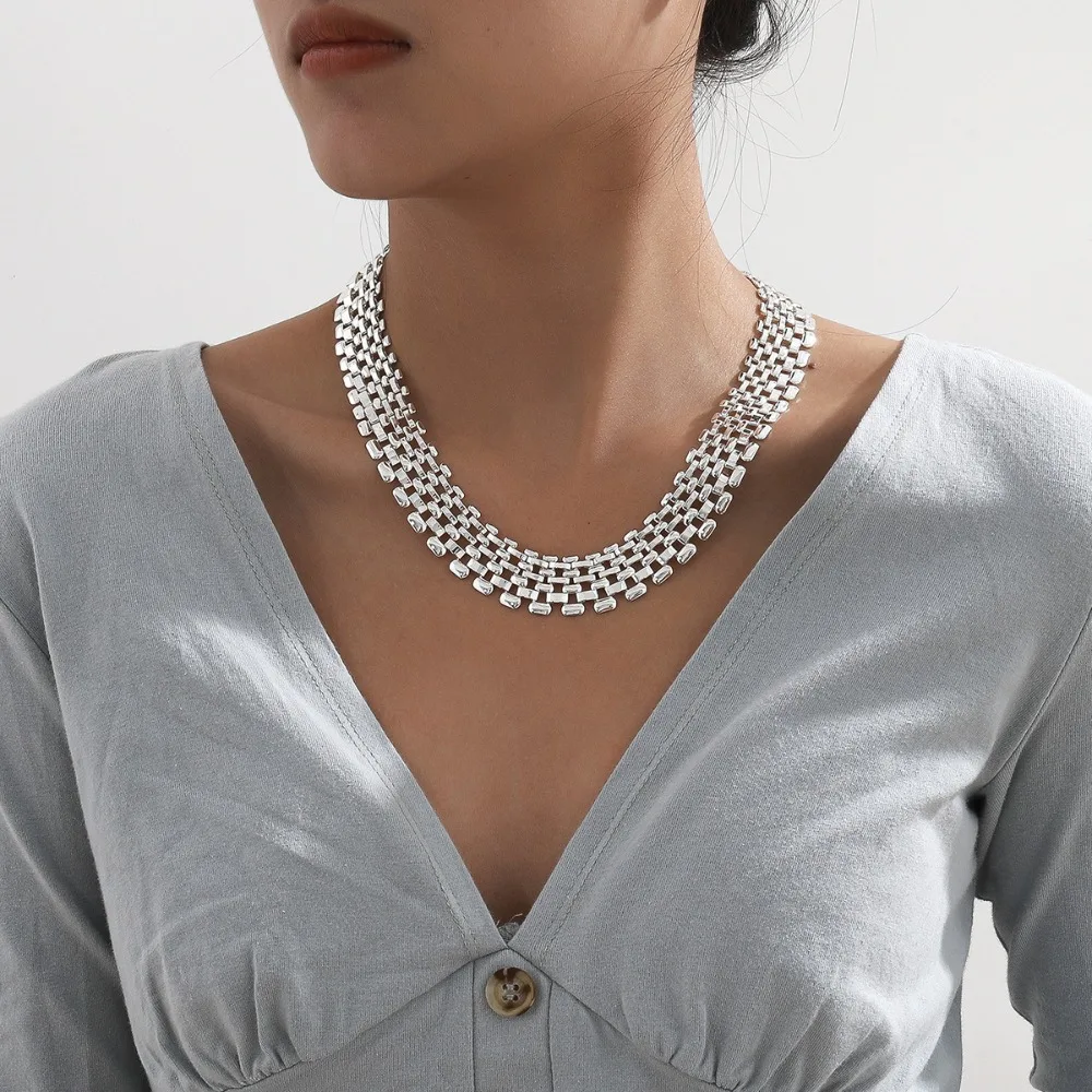 Exaggerated Retro Silver Color Hollowed-out Square Chain Wide Necklace Bracelet for Women Punk Hip-hop Collar Chain Jewelry Gift