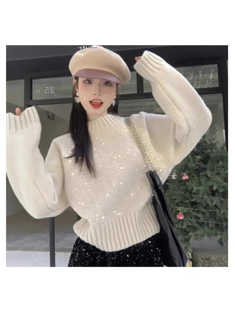 

2025 Solid Color Sequin Pullover Winter Clothes Woman Pulls Femmes All-match Loose Simple Style Sweater Bottoming Shirt Fashion