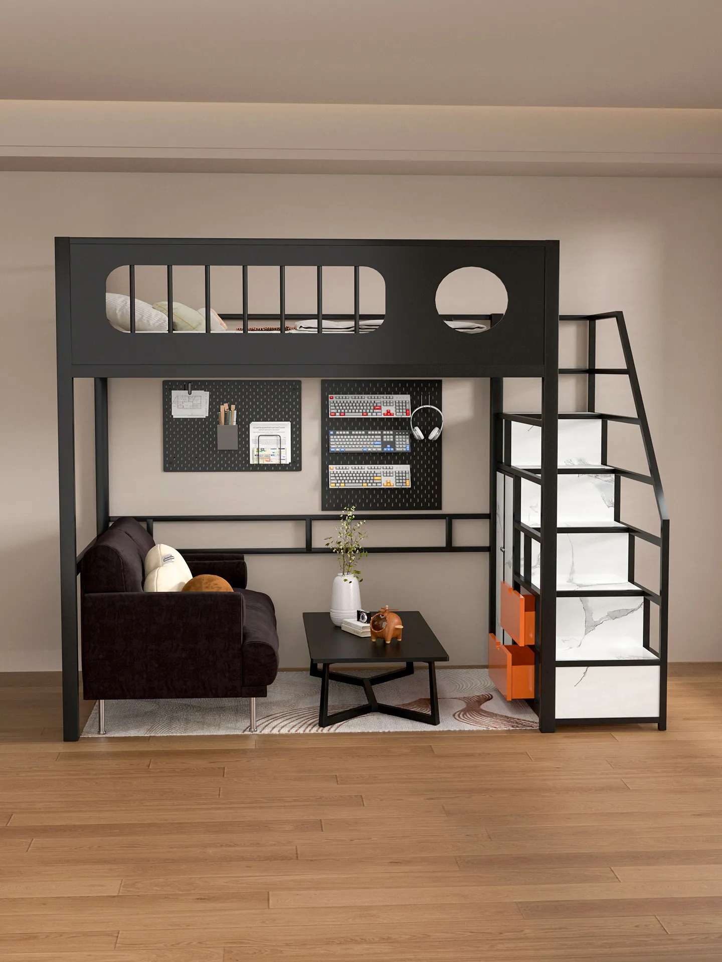 Wrought iron elevated bed adult single upper level duplex second floor bed space saving high and low bed step ladder