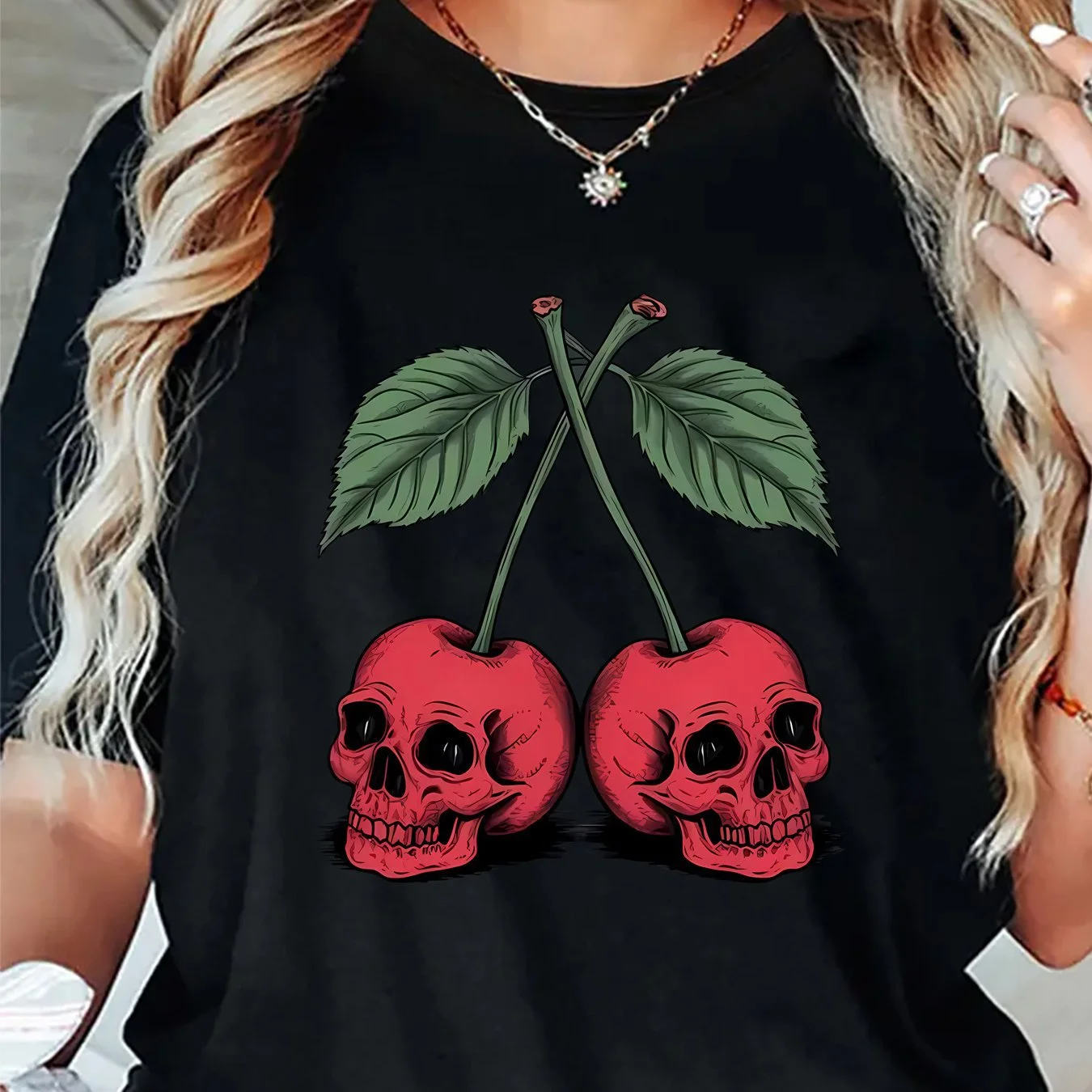 

Minimalist T-shirt T Shirt Women Vintage T-shirts Manga Corta 반팔 T Shirt Skull Cherry Horror Pattern Women's Short Sleeve