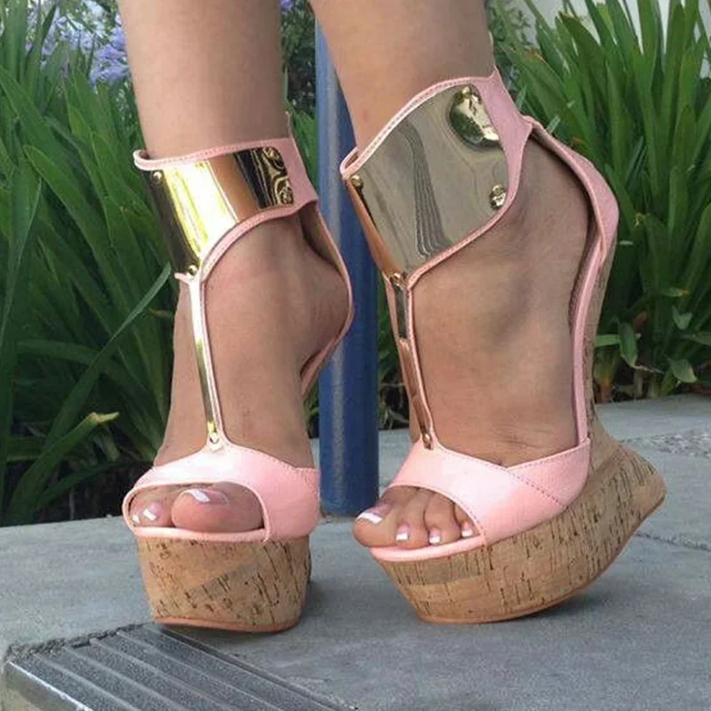 Plateau-Sandalen mit Holzmaserung und Leder, sexy, runde Zehenpartie, Größe 35-48, personalisierbar, Neuheiten, modische Damenschuhe, modern