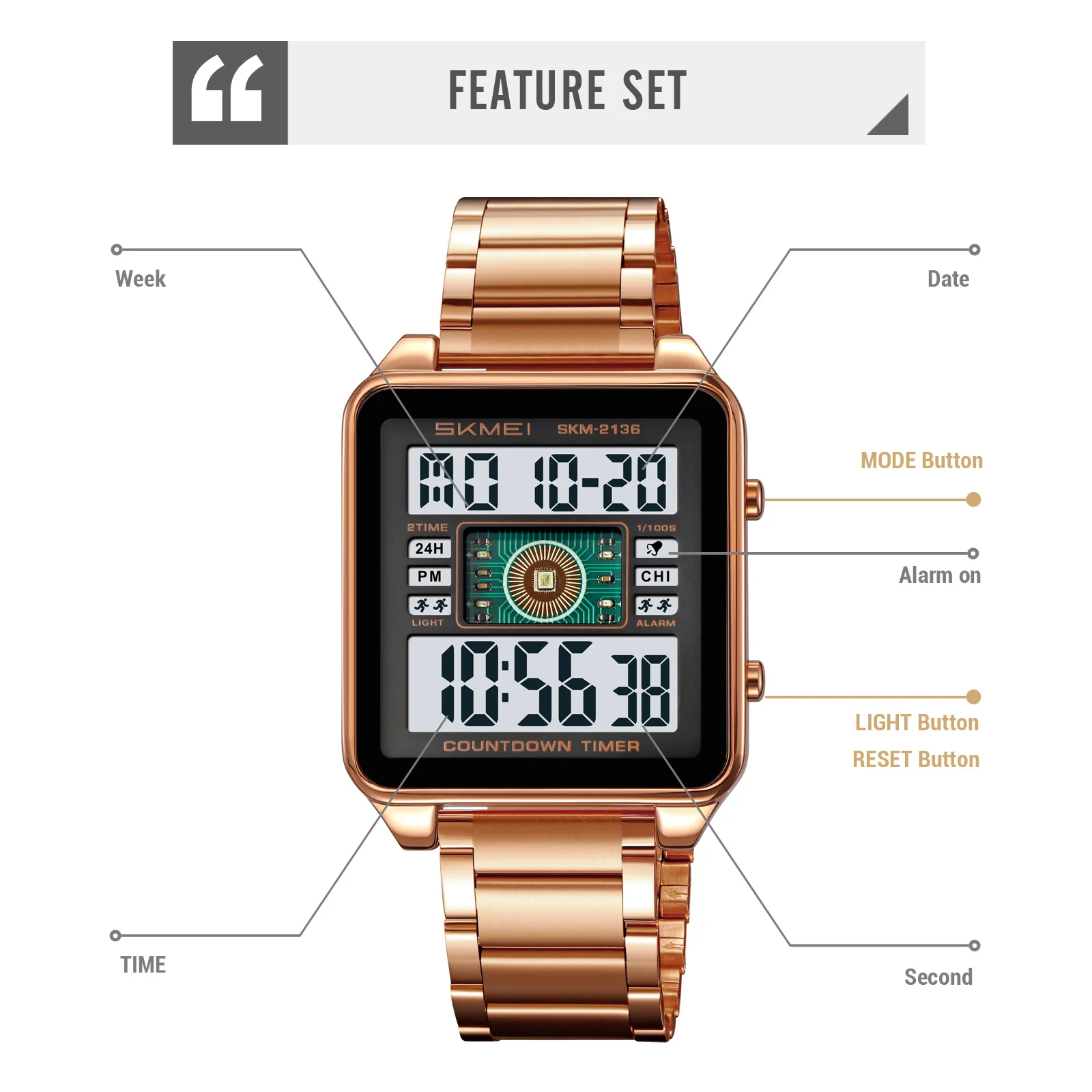 SKMEI 2136 Stainless Steel Countdown Stopwatch Wristwatch Fashion Electronic Movement Clock lighting Stylish Mens Digital Watch