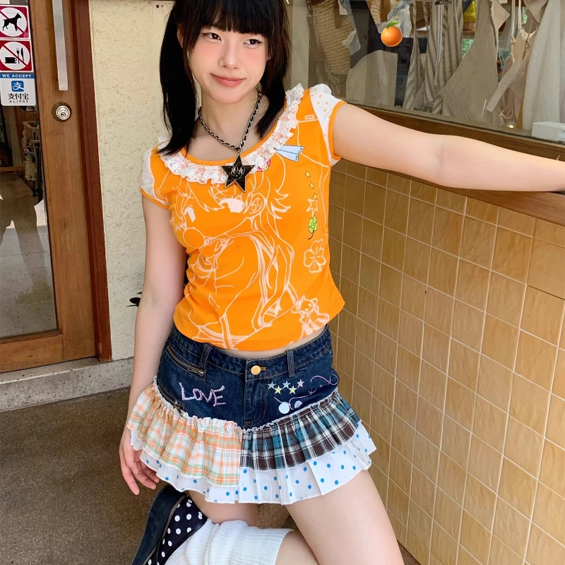 Original Design Japanese Women's Mini Skirt New Summer Plaid Corrugated Splicing Zipper Versatile Denim Shorts Skirts Ladies
