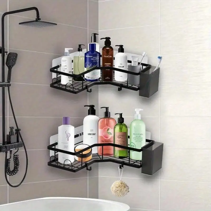 5pcs/set Adhesive Corner Shower Caddy No Drilling Stainless Steel Shower Organizer with Hooks Toothpaste Holders Rustproof Bathroom Storage