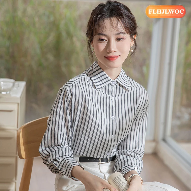 قمصان مخططة لطيف الفتيات السنة الجديدة امرأة 2026 ربيع الخريف طويلة الأكمام مكتب سيدة العمل أنيقة ركاب أساسيات القمصان #6