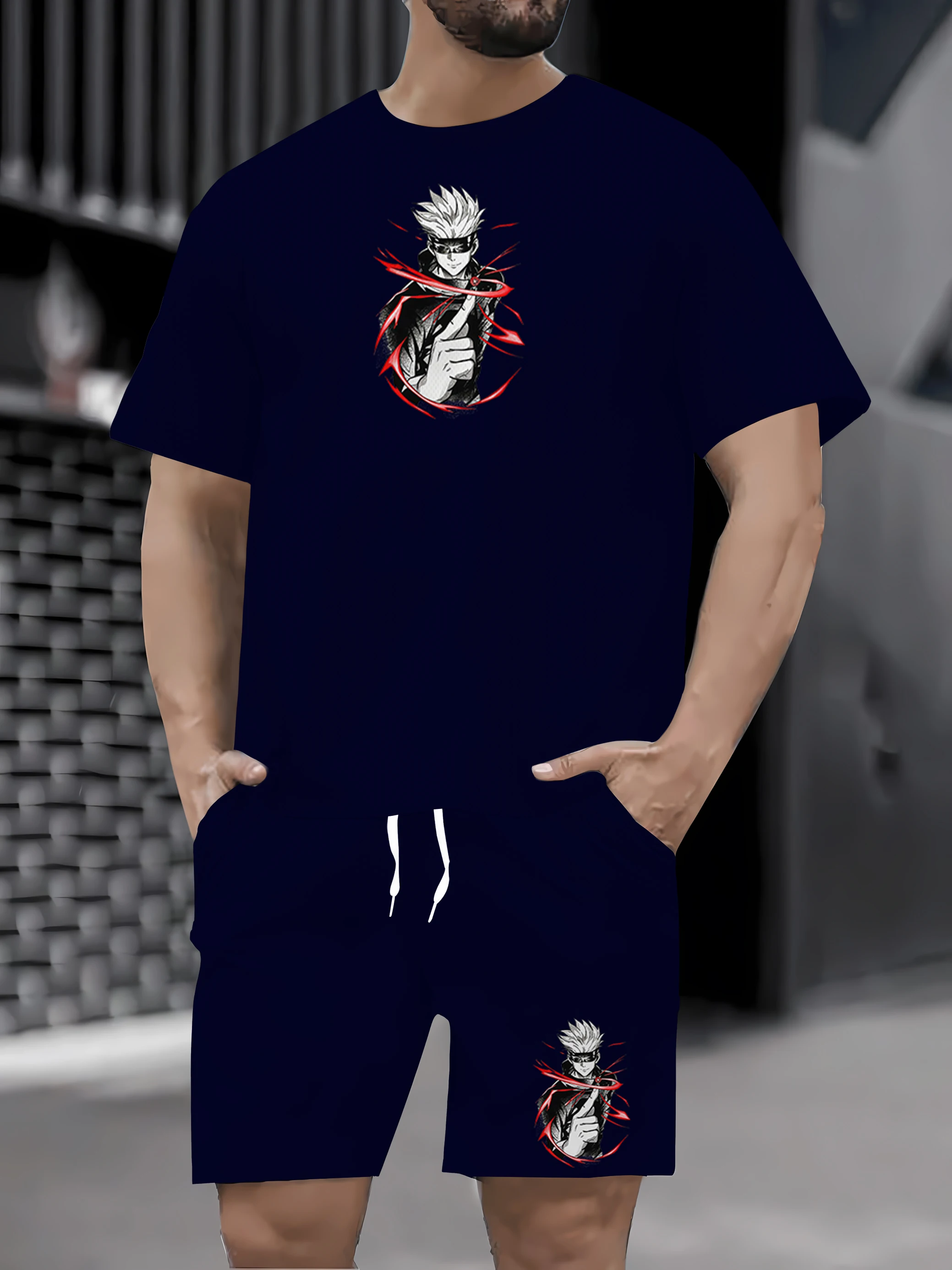 

2025 летняя новая мужская летняя повседневная свободная футболка с короткими рукавами и шортами с принтом и круглым вырезом