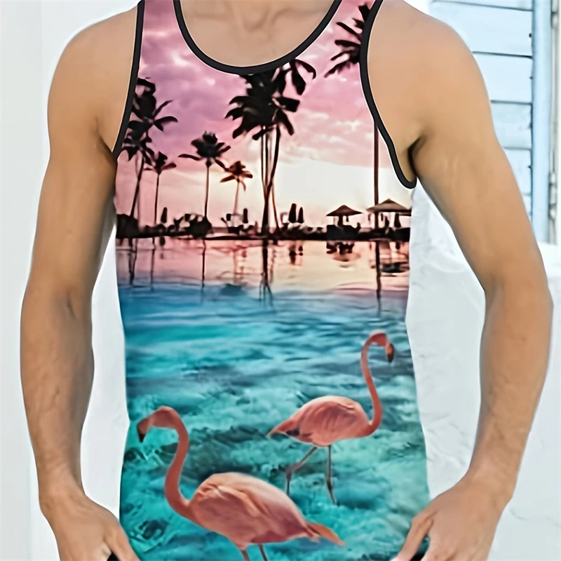 Hawaiian Men's Tank Tops Seaside Vacation Casual Men's Tank Tops Summer Travel Loose Comfort Top Sunset Coconut Tree Print Vest