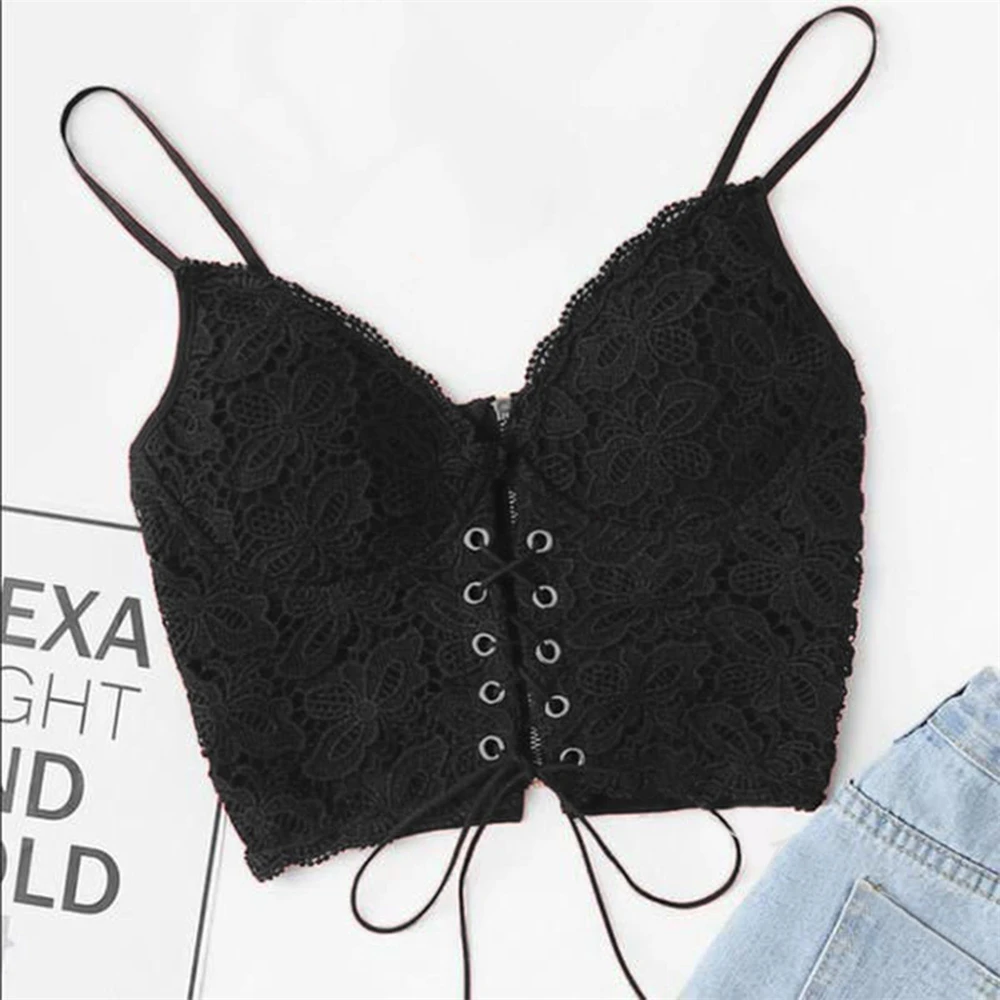 Elegant Floral Lace Lingerie Tops for Women Lace Back Eyelet Camisole Crop Lace Zip Sleeveless Up Strap Spaghetti Sexy Underwear