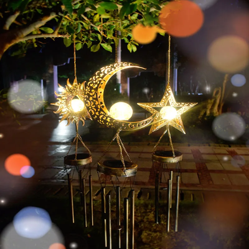 

Solar courtyard light, iron hollow out, sun, moon, wind chime pendant, LED outdoor landscape