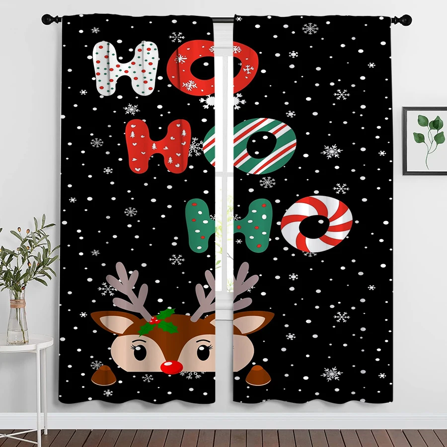 2PCS Christmas Curtains, Ho Ho Ho Reindeer, Digital Print, Bedroom Living Room Kitchen, Rod Pocket Polyester, Home Decor