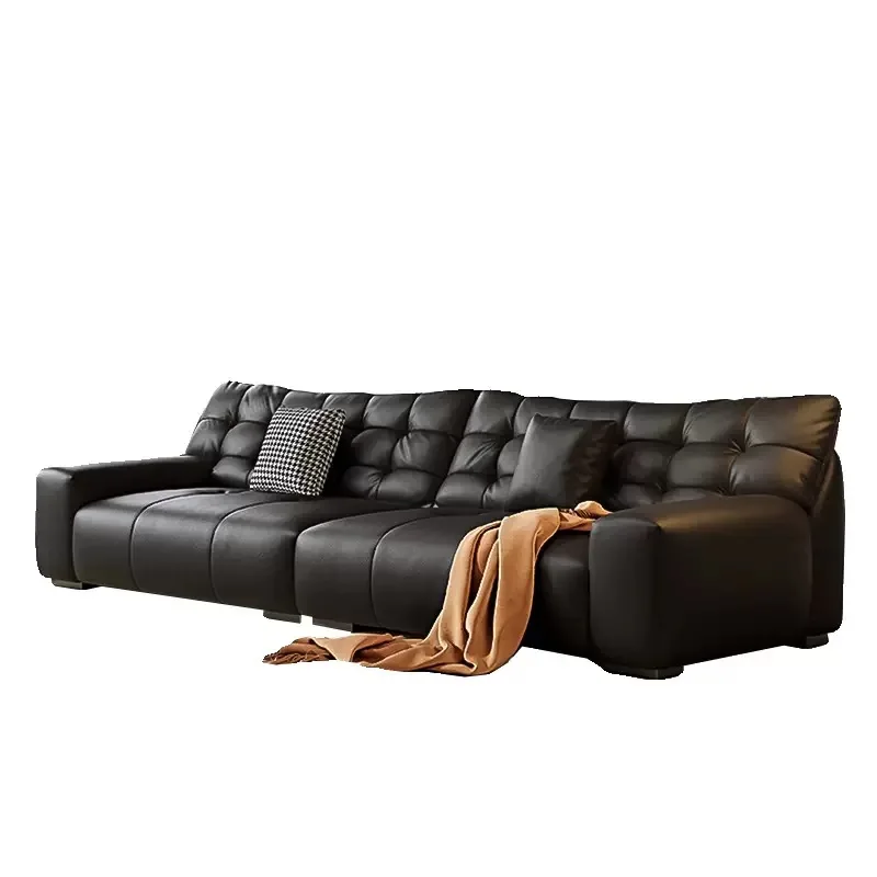 

Cowhide sofa small apartment living room modern simple black leather sofa