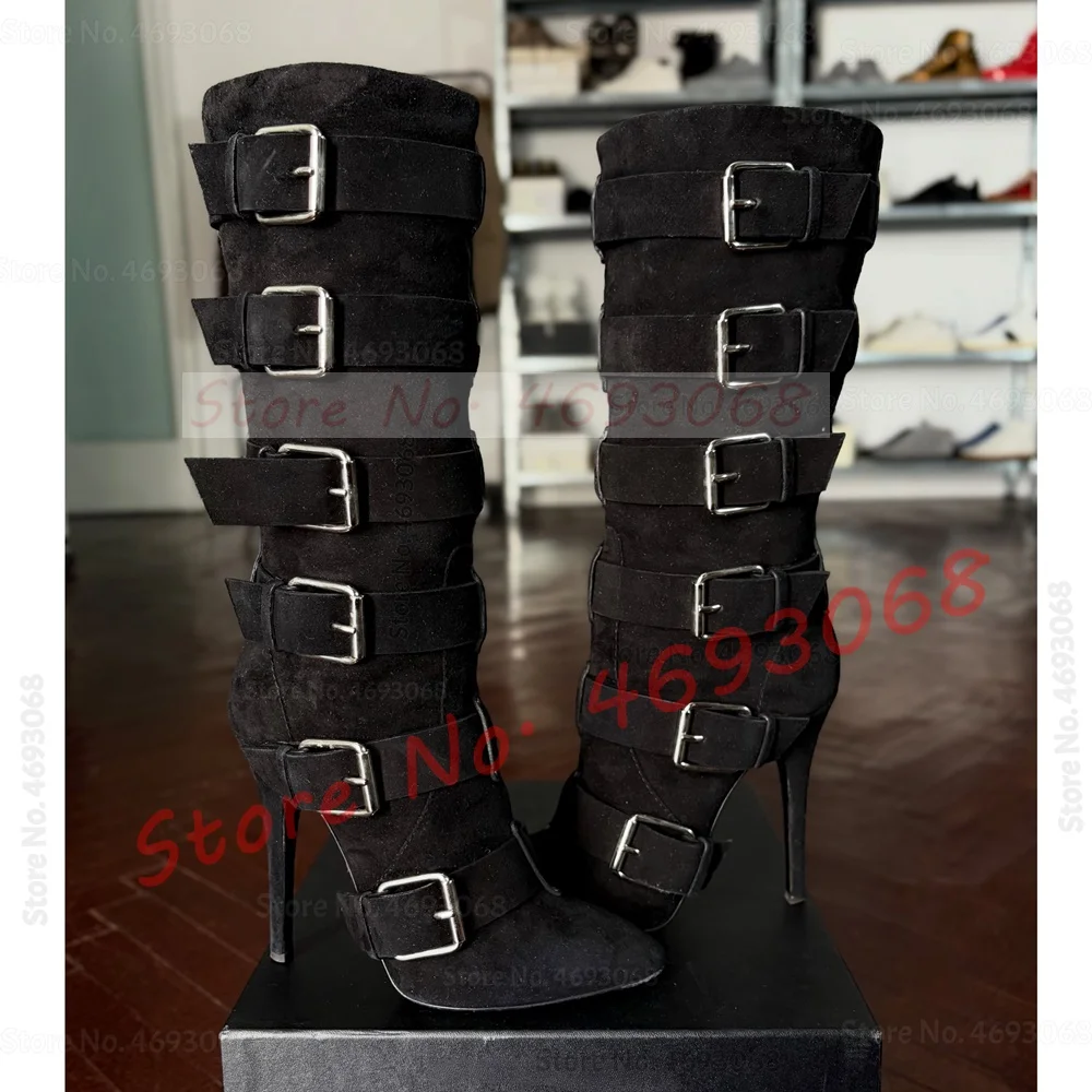 Black Suede Round Toe Below The Knee Boots Women Multi Buckle Straps Stiletto High Heels Luxury Back Zipper Patchwork Chic Boots