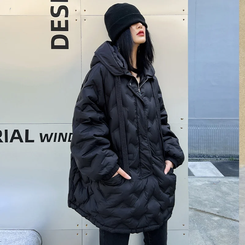 Down Loose Hooded Jacket New Long Sleeve Warm Women Feather Parkas Fashion Tide Autumn Winter 2023