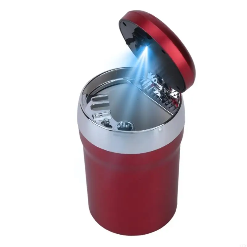 Covered Car Ashtray Waste Cup with Push Lid, Lid Light and Ceramic Liner, In-Car Ashtray Container for Drivers and Commutes X37F