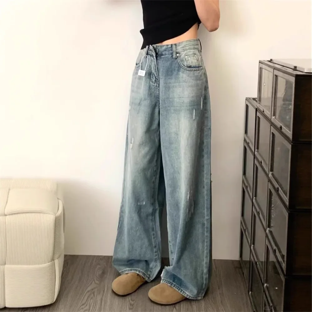 High-waisted Ripped Denim Wide-leg Pants for Women's Autumn Design Washed Floor-mopping Straight-leg Pants
