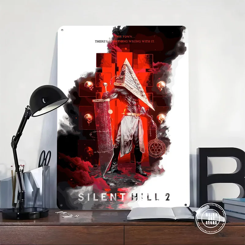 Silent Hill 2 Pyramid Head Poster Customized Vintage Metal Signs Wall Art Retro Tin Plaque for Gaming Room Decoration Cozy House