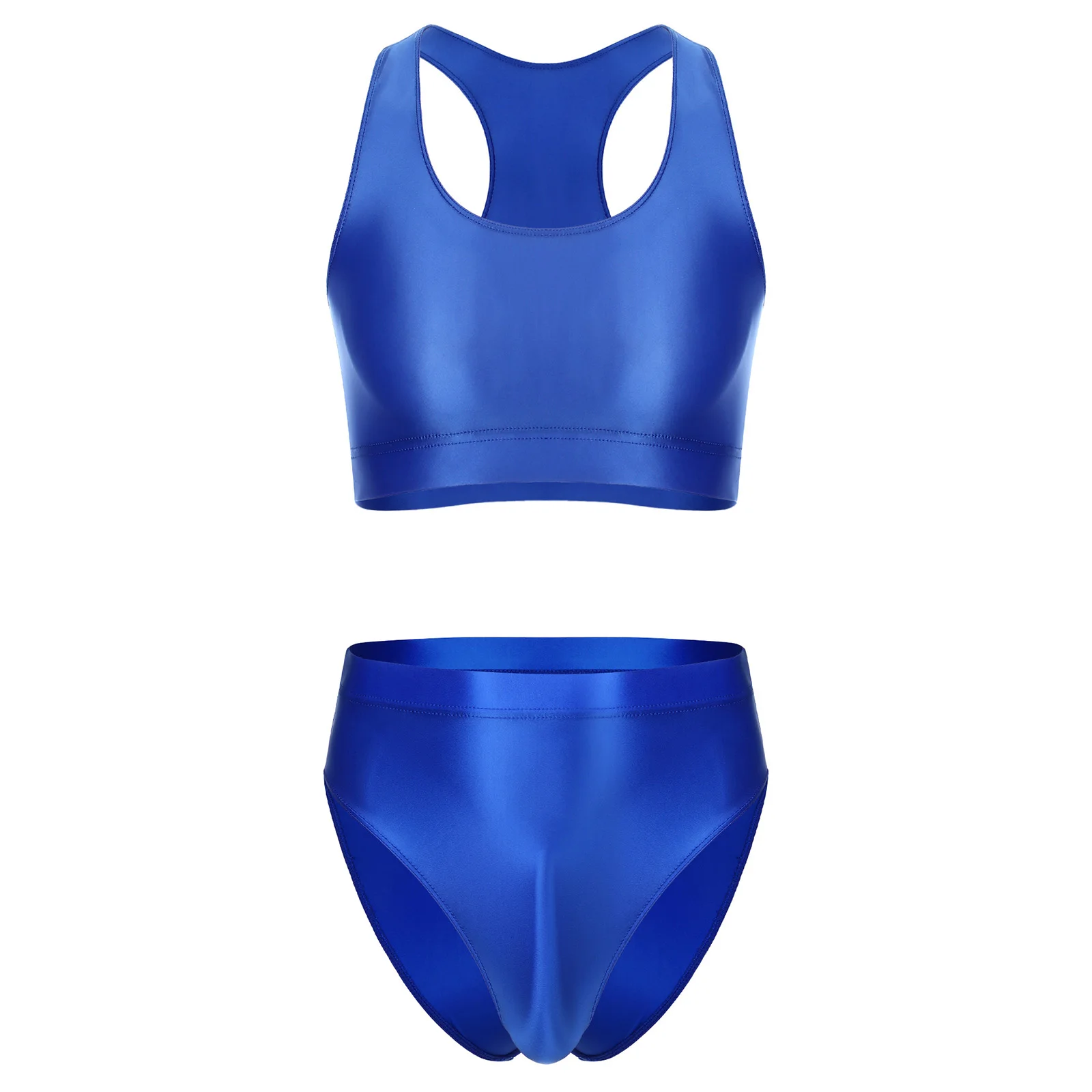 Mens Glossy 2 Piece Workout Fitness U Neck Crop Top Undershirts with High Waist Briefs Swimwear  Bathing Suit Athletic Sportwear