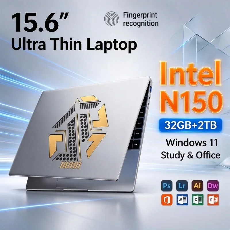 Ultra Thin 15.6'' Inch Intel N150 Gaming Laptop Windows 11 32GB RAM 1TB 2TB SSD Fingerprint Unlock Business Notebook Computer
