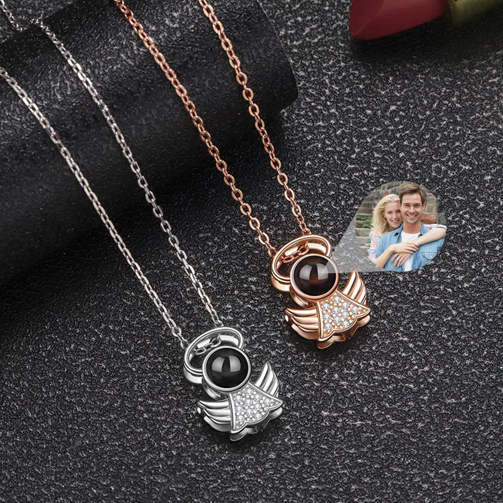 Personalisierte Halskette mit Bild im Inneren, Foto-Projektions-Engelsflügel-Anhänger, Erinnerungsstück, Individuelles Geschenk für Frauen – Detail 3