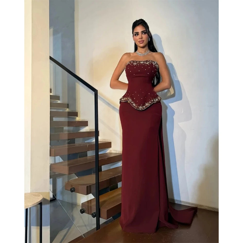

Burgundy Prom Dresses Strapless Crystal Jersey Long Evening Gowns Straight Floor Length Formal Party Dress Customized