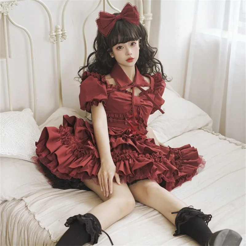 Vintage Gothic Pleated Mini Skirts Sweet Girls Red Black Skirt And Top Spring Summer 2pcs Lace-up Dress Set