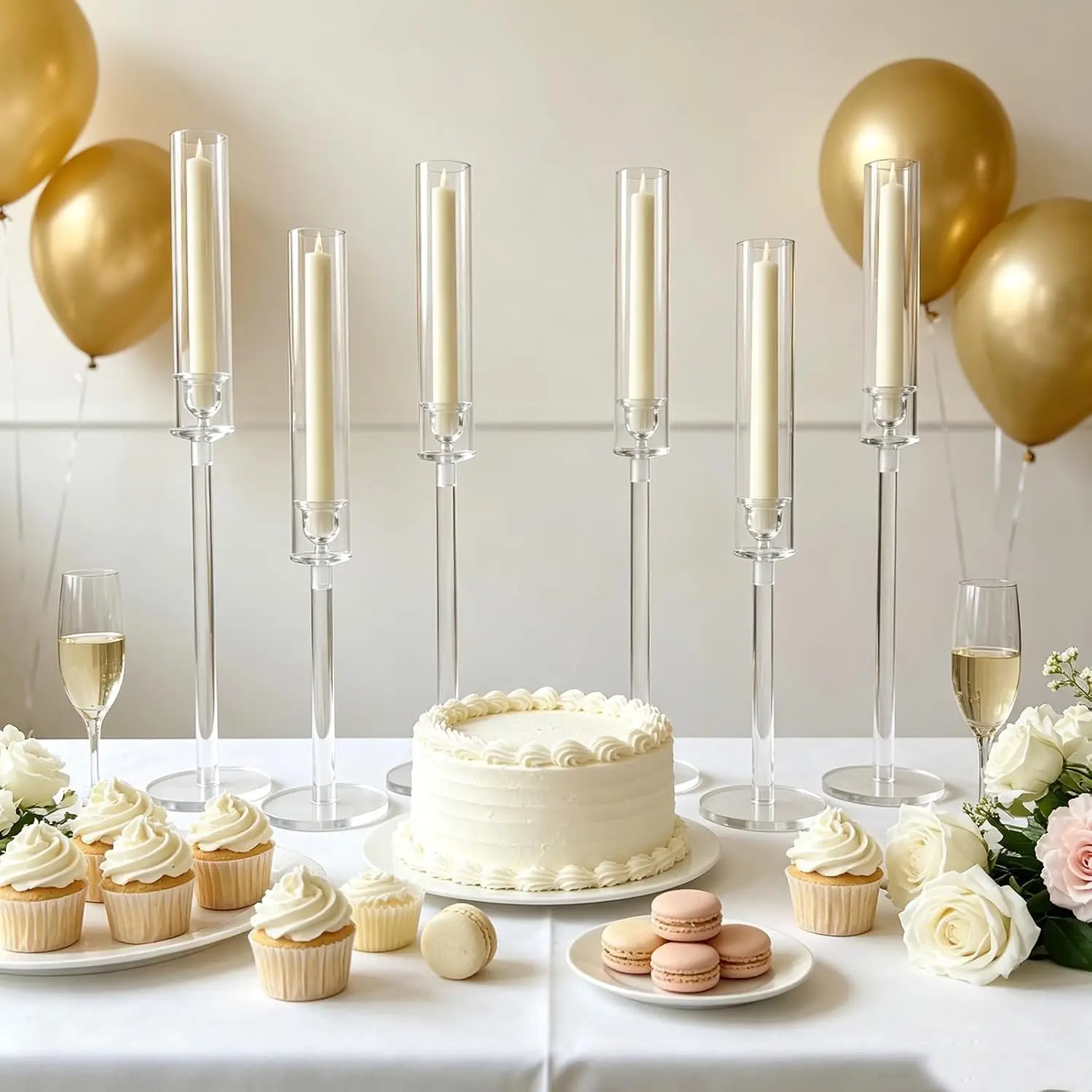 6Pcs Clear Acrylic Candle Holder Set with Lampshade, Wedding Centerpiece for Tables Fits LED Taper Candle Dining Party Holiday Decor