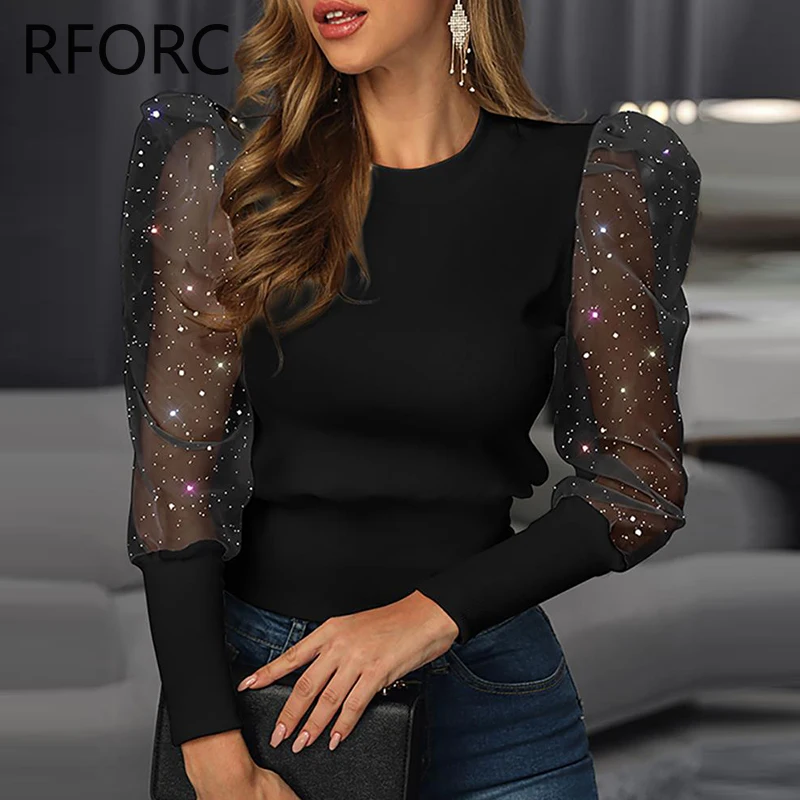 2024 Women Round Neck Mesh Patchwork Sequins Decor Black Knitting Blouse Top