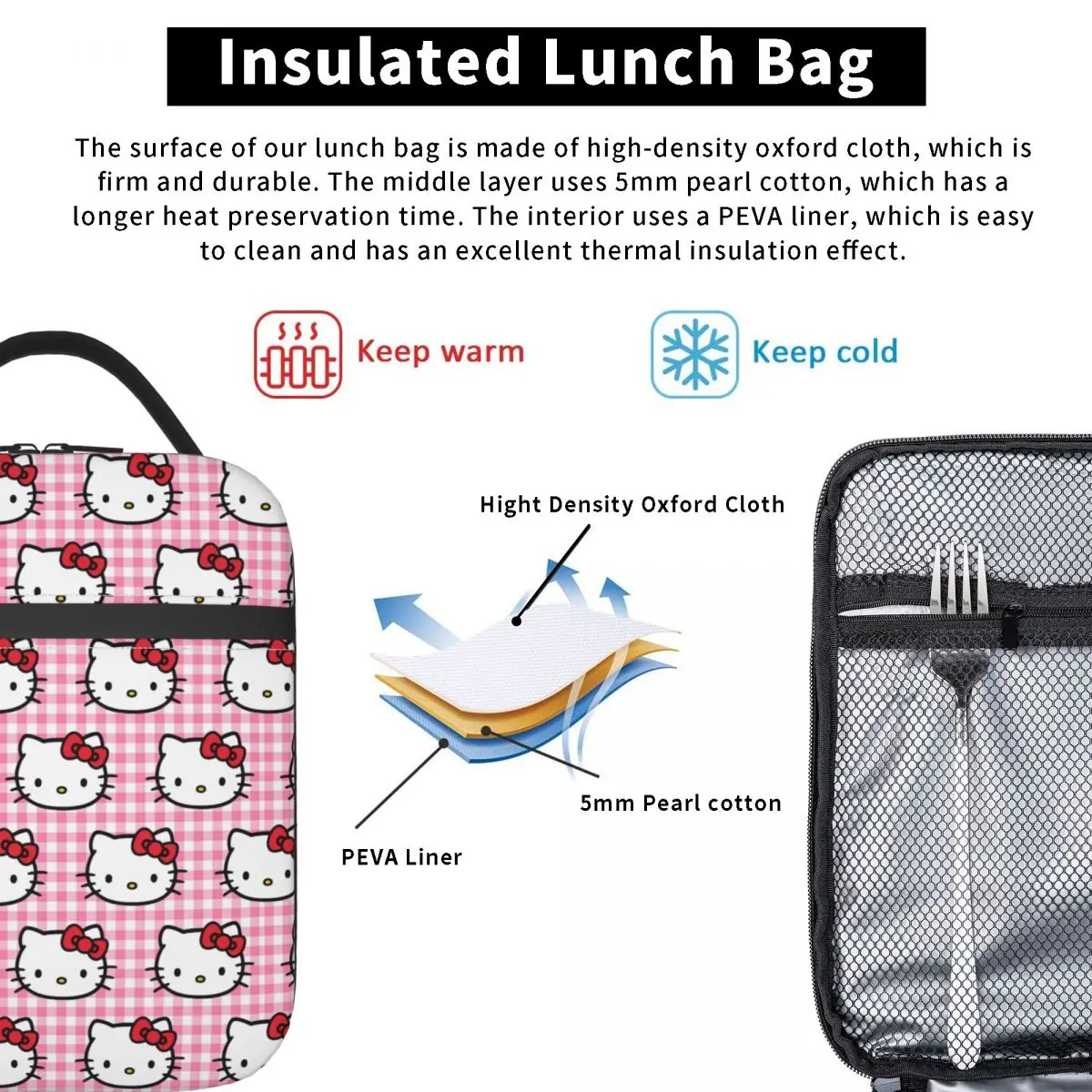 For Outdoor White Multifunction Cooler Hello Kitty Food Bags For Students School&Office Travel Storage Bags