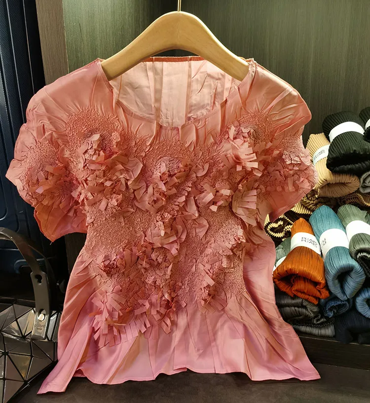 

Women's Handmade Pleated Slim Fit Elastic ort Sve T-irt Korean Sle Commute Faion Novel Design Summer Thin Polyes...